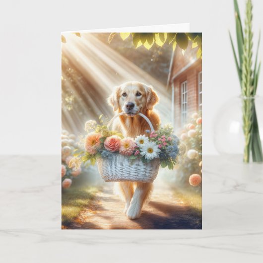 Moederdag Golden Retriever met bloemenmand Kaart (Voorkant)