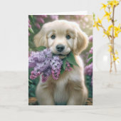 Moederdag Golden Retriever Puppy met lila's Kaart (Gele Bloem)