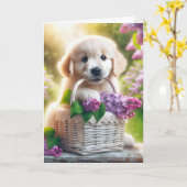 Moederdag Golden Retriever Puppy met lila's Kaart (Gele Bloem)