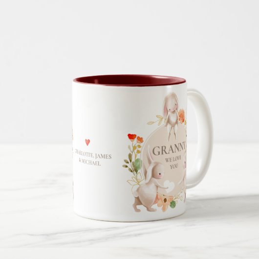 Moederdag Granny We houden van Bunny Rabbit Floral Tweekleurige Koffiemok (Voorkant rechts)