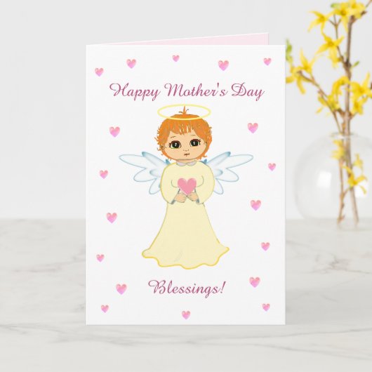 Moederdag Hartjes & Cute Engel Zegeningen Kaart (Gele Bloem)