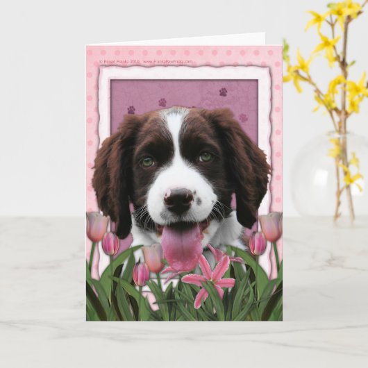 Moederdag - het Roze Spaniel van de Aanzetsteen Kaart (Gele Bloem)