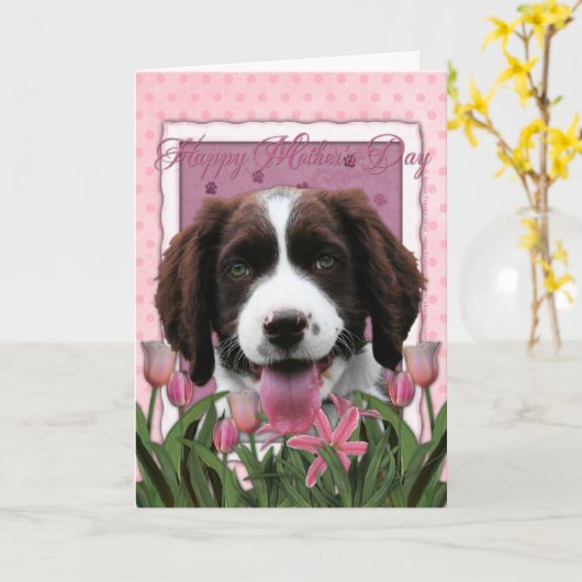 Moederdag - het Roze Spaniel van de Aanzetsteen Kaart (Gele Bloem)