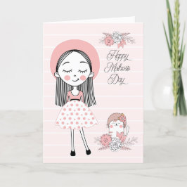 Moederdag in Roze zwart met meisje en kat Feestdagen Kaart