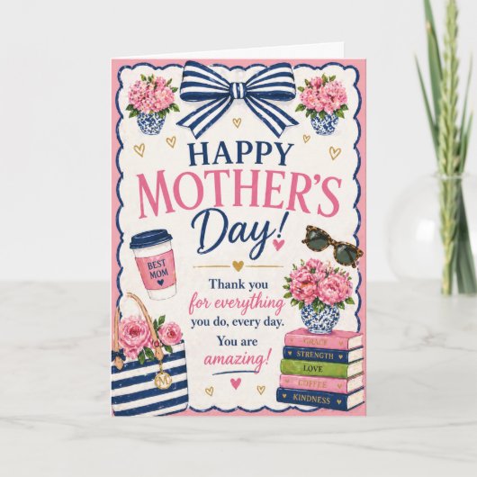 Moederdag kaart – Cute roze & blauwe strik ontwerp (Voorkant)