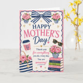 Moederdag kaart – Cute roze & blauwe strik ontwerp (Gele Bloem)