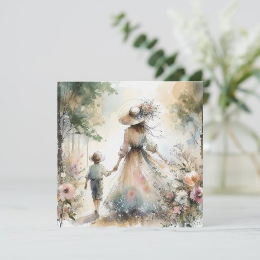 Moederdag kaart met bloementuin vrouw en kind (Staand voorkant)
