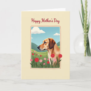 Moederdag kaart met hond in bloemenveld