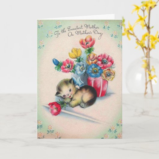  Moederdag Kaart met kitten & CuteMessage (Gele Bloem)