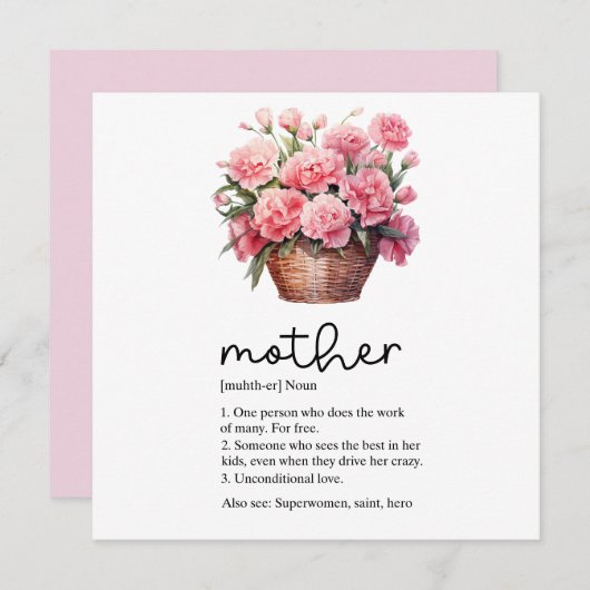 Moederdag kaart met roze anjer (Voorkant / Achterkant)