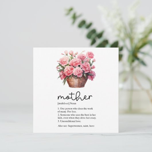 Moederdag kaart met roze anjer (Staand voorkant)