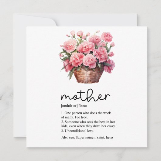 Moederdag kaart met roze anjer (Voorkant)