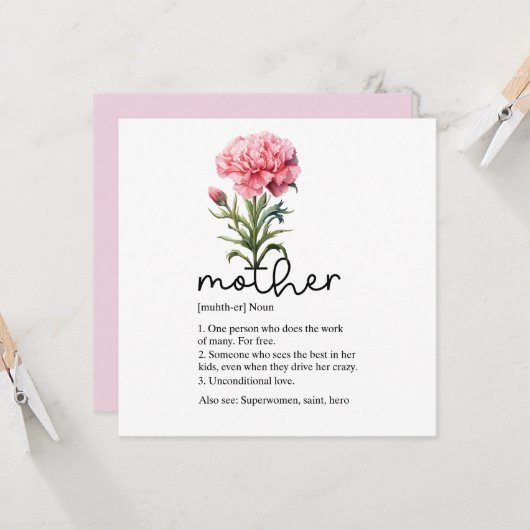 Moederdag kaart met roze anjer (Voorkant / Achterkant in situ)