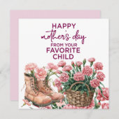 Moederdag kaart met roze anjer (Voorkant / Achterkant)