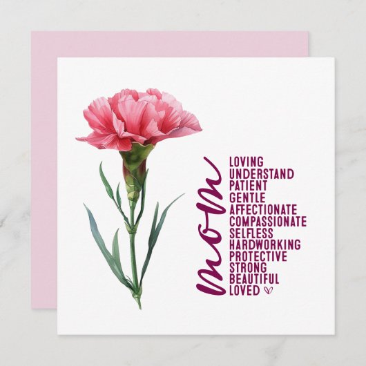 Moederdag kaart met roze anjer (Voorkant / Achterkant)