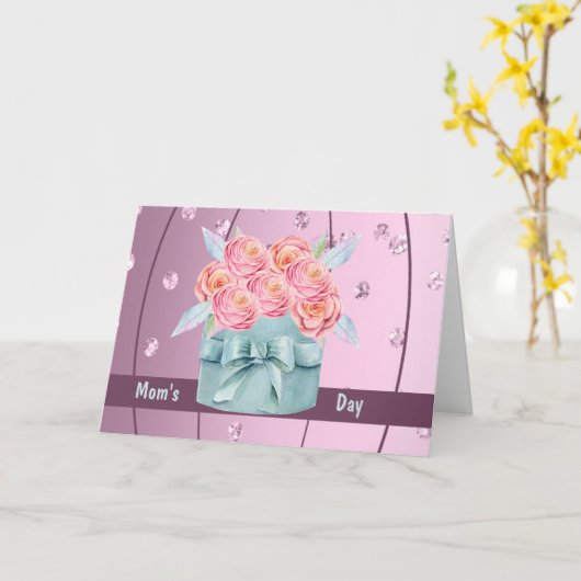 Moederdag Kaart met roze rozen en Faux Diamonds (Gele Bloem)