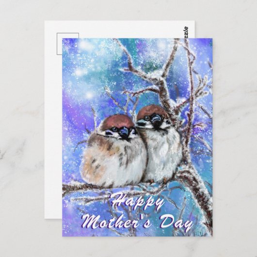 Moederdag Kaart met Schattigee mussen in de winter (Voorkant / Achterkant)