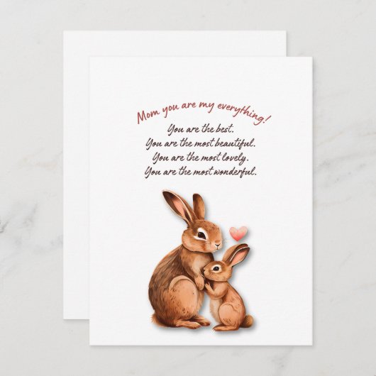 Moederdag Kaart met thema moeder en Baby konijn (Voorkant / Achterkant)