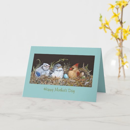 Moederdag kaart met veel vogels in nestgebied (Gele Bloem)