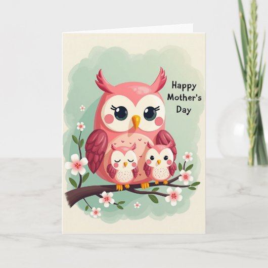 Moederdag kaart met vogelfamilie scène (Voorkant)