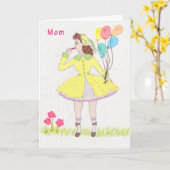 Moederdag Kaart, Retro Drawing of Young Girl Kaart (Gele Bloem)