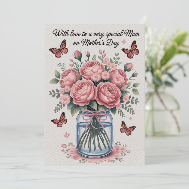 Moederdag kaart Roze Vlinders Bloemen Cadeau Moede (Staand voorkant)