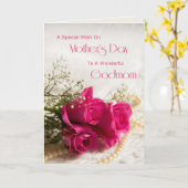 Moederdag kaart voor peetmoeder met drie roze roze (Gele Bloem)