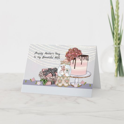 Moederdag Kaart voor vrouw met Cake & Cadeaus (Voorkant)