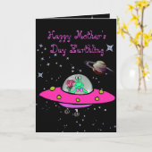 Moederdag Kaart w / Alien in een ruimteschip (Gele Bloem)