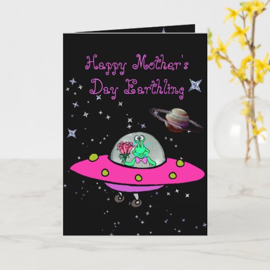 Moederdag Kaart w / Alien in een ruimteschip (Gele Bloem)