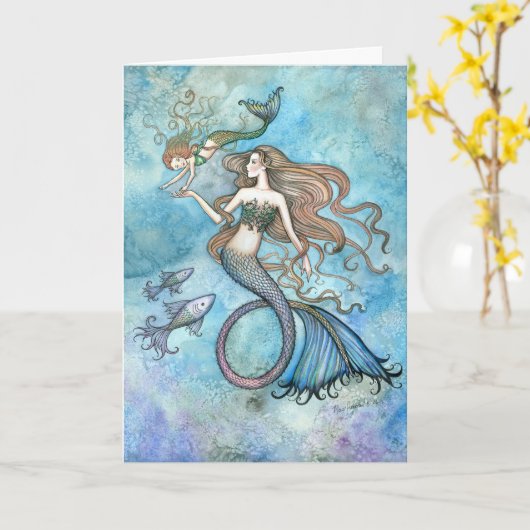 Moederdag Kaart Zeemeermin en Kind (Gele Bloem)