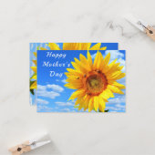 Moederdag Kaart Zonnebloem en bijen in de blauwe h (Voorkant / Achterkant in situ)