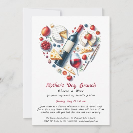 Moederdag kaas en wijn brunch uitnodiging (Voorkant)