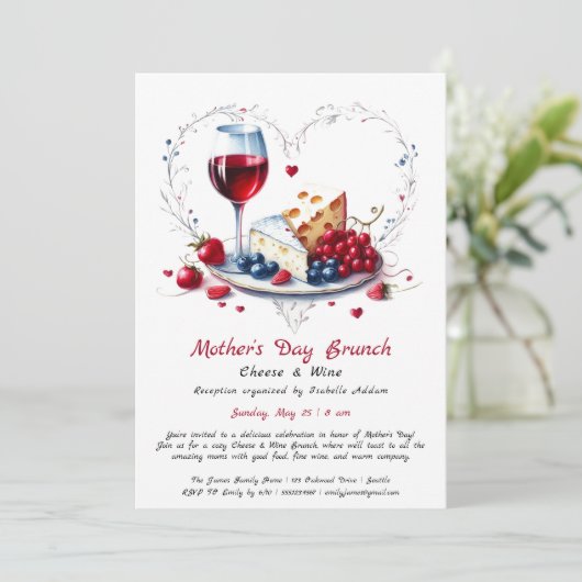 Moederdag kaas en wijn brunch uitnodiging (Staand voorkant)