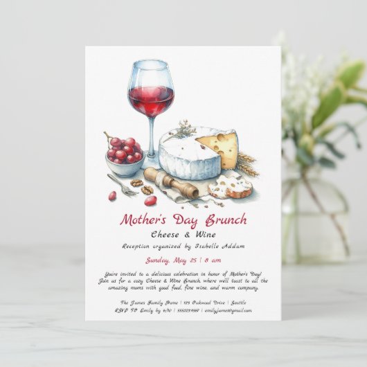 Moederdag kaas en wijn brunch uitnodiging (Staand voorkant)