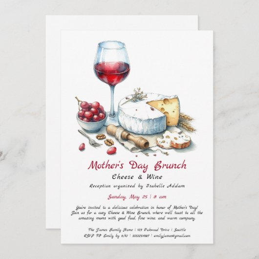 Moederdag kaas en wijn brunch uitnodiging (Voorkant / Achterkant)