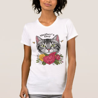 Moederdag kattenontwerp - Tabby kat met bloemen T-shirt