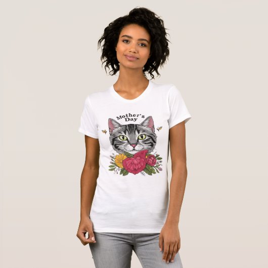 Moederdag kattenontwerp - Tabby kat met bloemen T-shirt (Voorkant volledig)