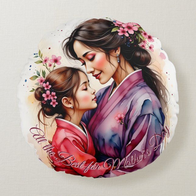 Moederdag Kimono Kunst met Bloemige Omarming Rond Kussen (Voorkant)