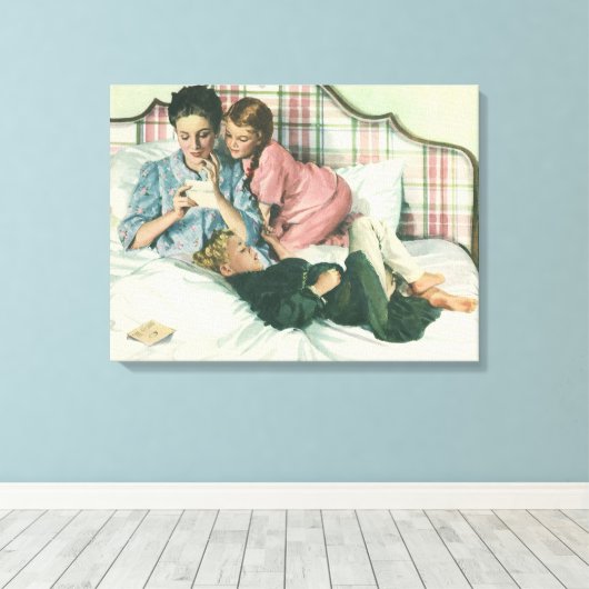 moederdag, kinderen die kaarten lezen in bed canvas afdruk (Insitu (Houten vloer))