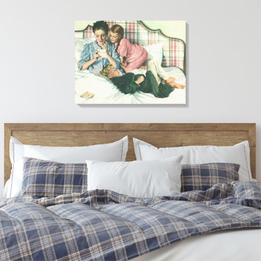 moederdag, kinderen die kaarten lezen in bed canvas afdruk (Insitu (Slaapkamer))
