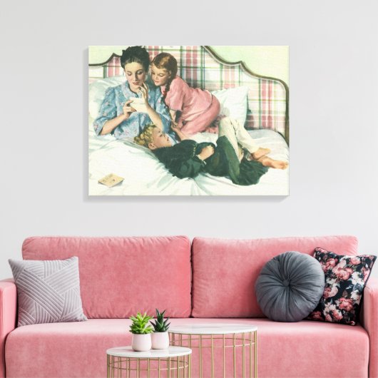 moederdag, kinderen die kaarten lezen in bed canvas afdruk (Insitu (Woonkamer))
