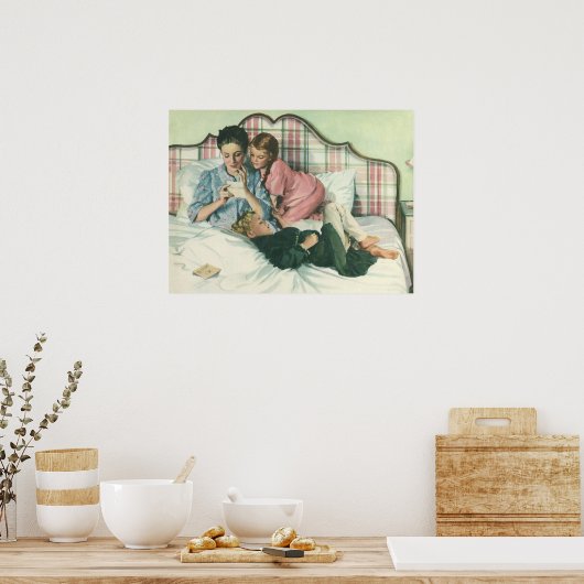  moederdag, kinderen die kaarten lezen in bed poster (Keuken)