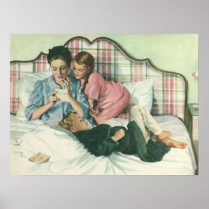 moederdag, kinderen die kaarten lezen in bed poster