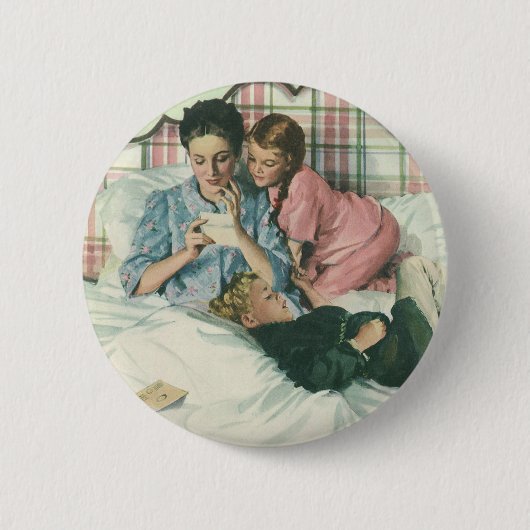 moederdag, kinderen die kaarten lezen in bed ronde button 5,7 cm (Voorkant)