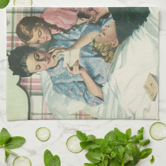  moederdag, kinderen die kaarten lezen in bed theedoek (Gevouwen)