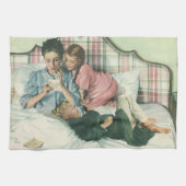  moederdag, kinderen die kaarten lezen in bed theedoek (Horizontaal)