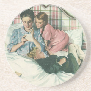 moederdag, kinderen die kaarten lezen in bed zandsteen onderzetter