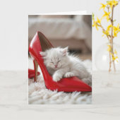 Moederdag Kitten Slapend in een Rode Schoen Kaart (Gele Bloem)