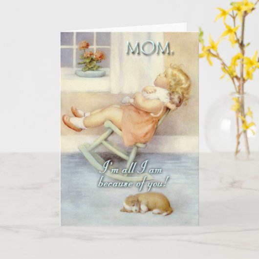 Moederdag, klein meisje, schommelstoel, douane kaart (Gele Bloem)